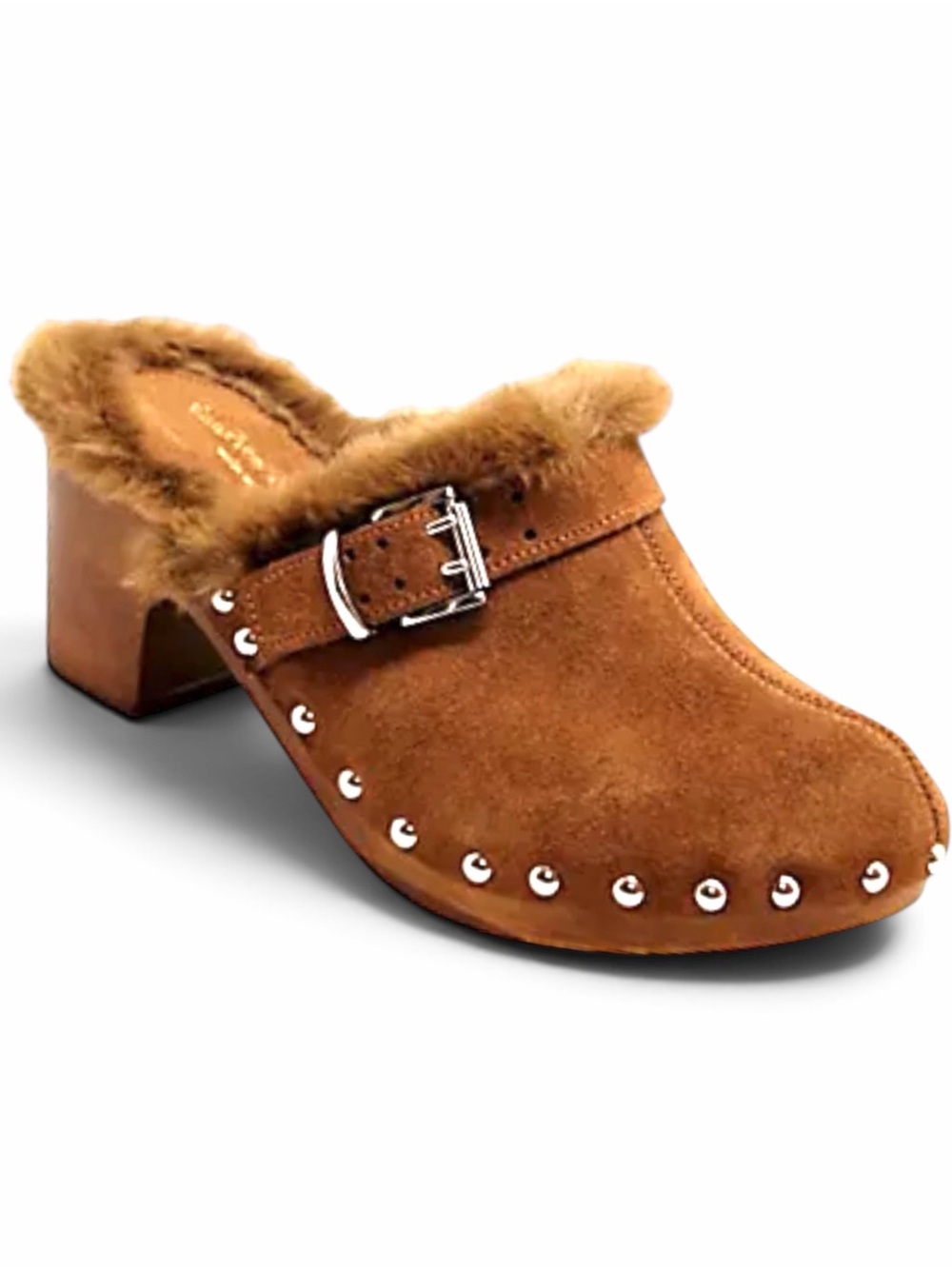 Charles David Lecce Caramel Suede Faux Fur Studded Buckle Block Heel Clogs NWT